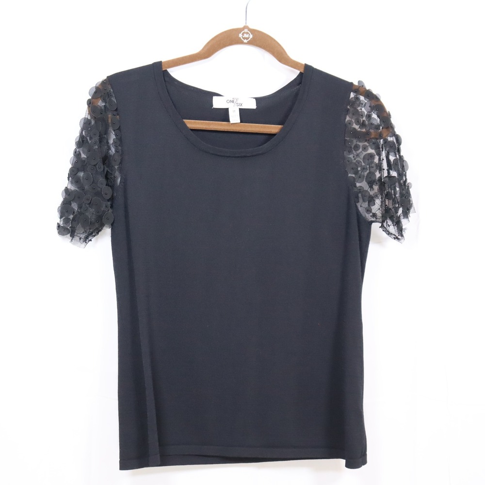 One 7 Six Sequin Mesh Sleeve Top M Black Womens Embellished‎ Knit Shirt